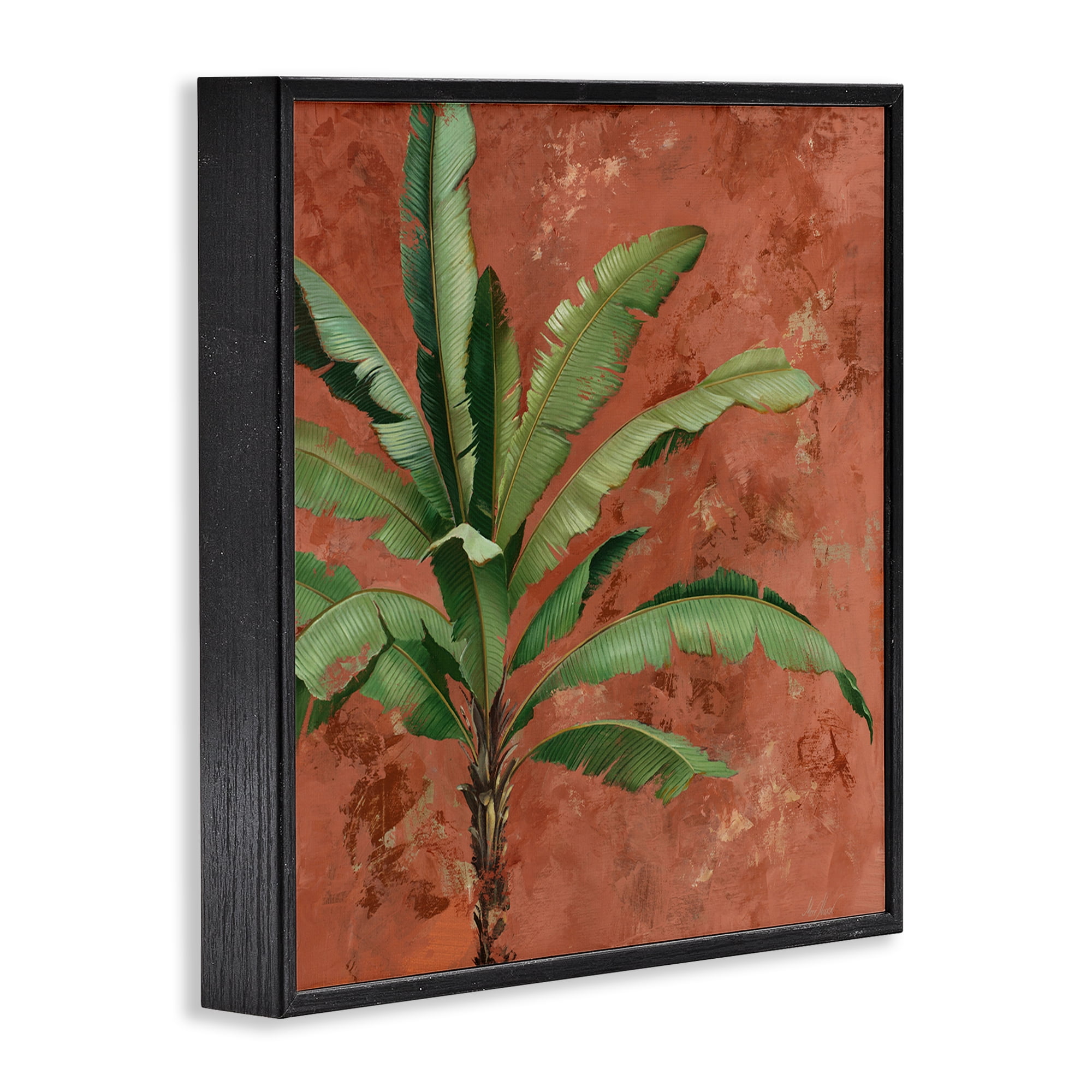 Stupell Industries Palm on Muted Red Botanical & Floral Painting Black Framed Art Print Wall Art, 12 x 12