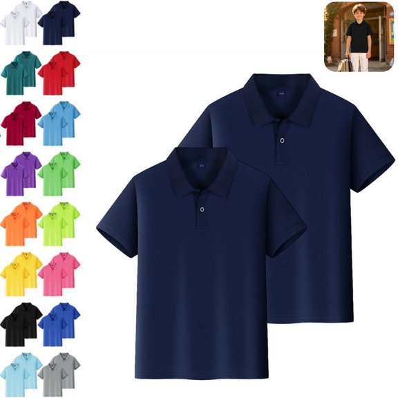 2PC Polo Shirts Kids School Uniform Relaxed Fit Back To School Short Sleeve Button-Up T Shirts Comfy Solid Color Pullover for Boys & Girls Navy 6-7 Years