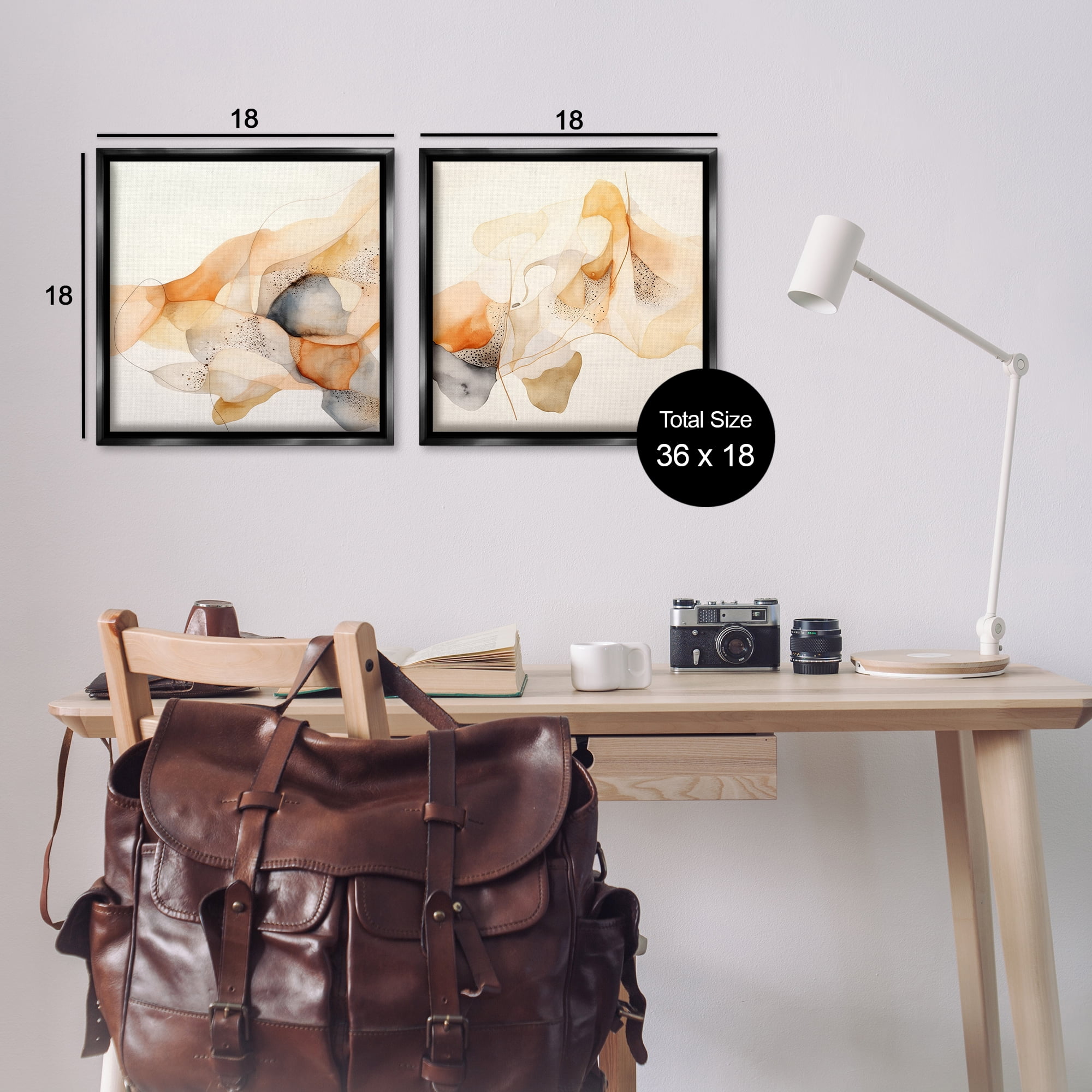Stupell Industries Abstract Peach Watercolor Shapes Abstract Painting Black Floater Framed Canvas Art Print Wall Art, 18 x 18, Set of 2