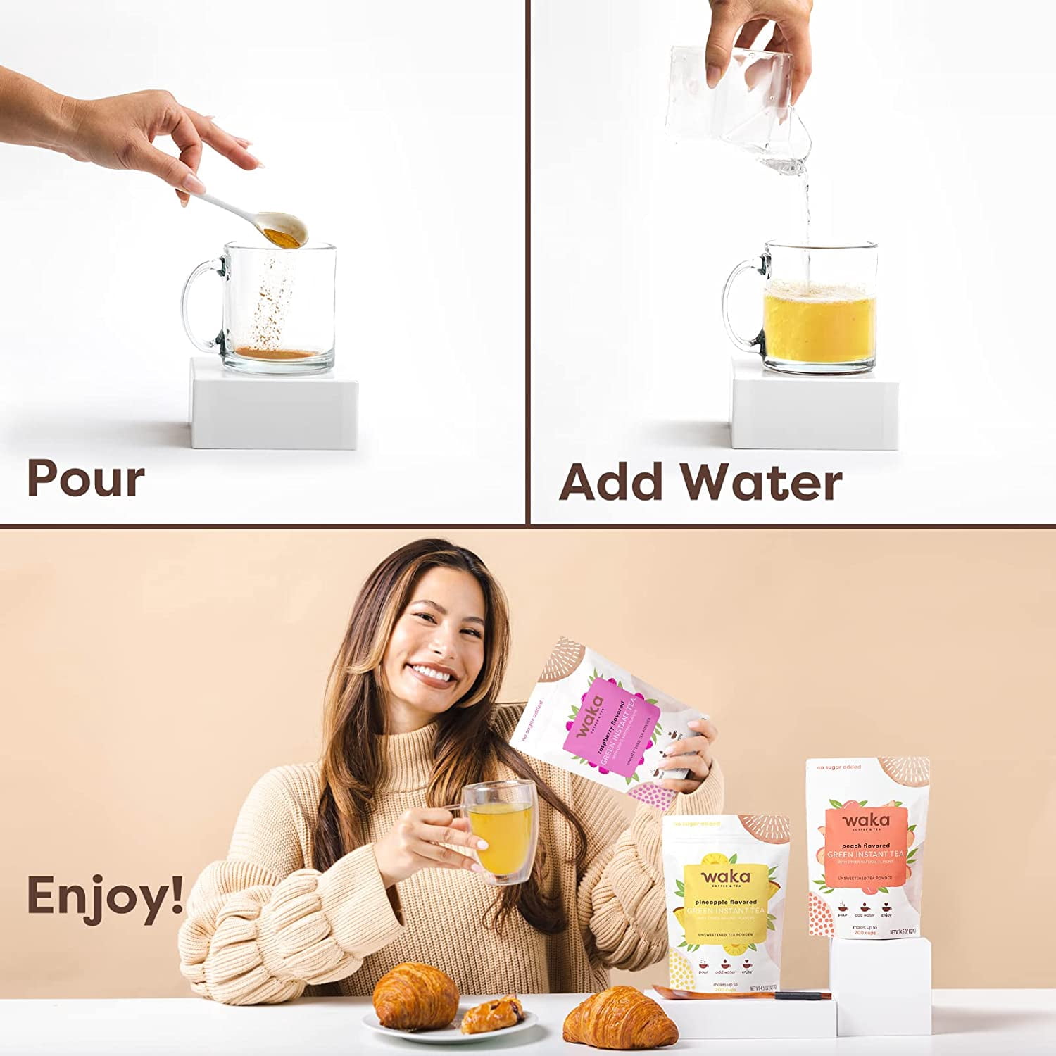 Waka Instant Tea Mix, 3 Bag Bundle - 100% Tea Leaves, No Additives, Unsweetened Tea Powders - Raspberry Flavored, Peach Flavored, Pineapple Flavored Green (4.5oz Each)