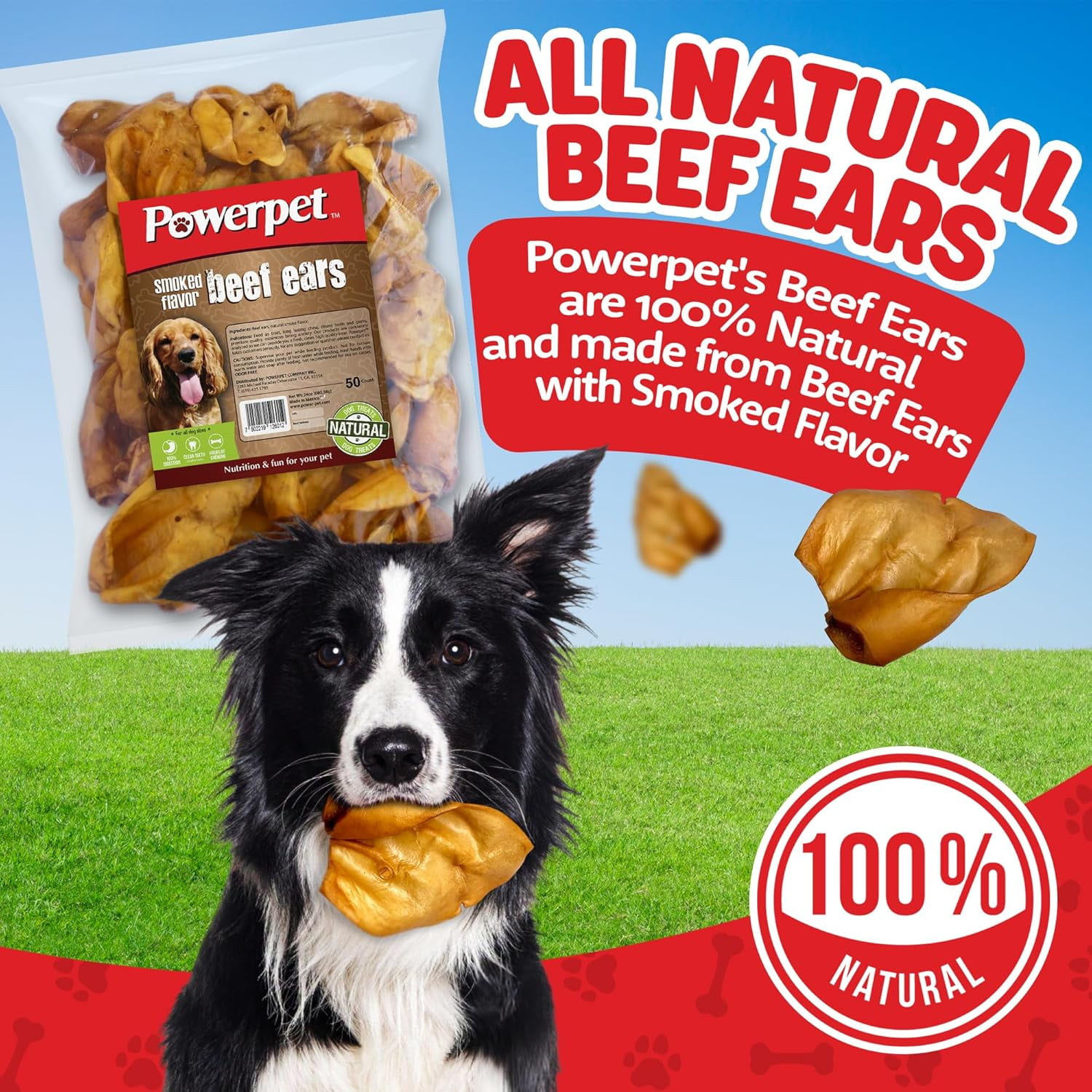 Powerpet Smoked Beef Ears, Dental Treats for Dogs, High Protein, Low Fat, 100 Pieces Bag