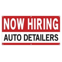 Now Hiring Auto Detailers 13 oz Heavy Duty Vinyl Banner Car Detailer Jobs Available Help Wanted Sign for Business Advertising Indoor/Outdoor Single-Sided with Metal Grommets (1.5x5 ft, Wh & Re & Bk)