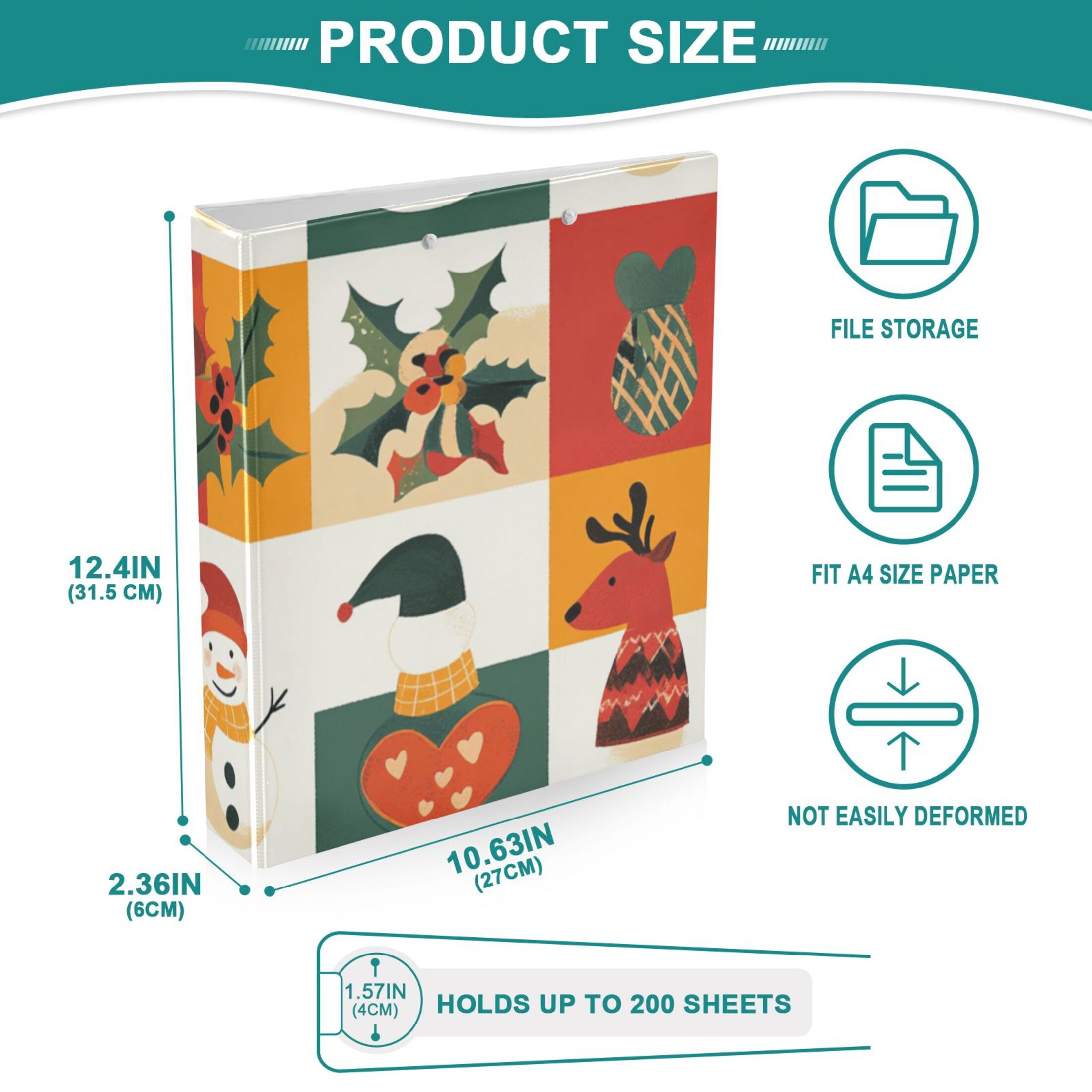 Christmas Snowmen Deers Squares 3 Ring Binders 1.5 inch Hardcover File Folders with Interior Pockets A4 Size Organizer for School Office Hospital