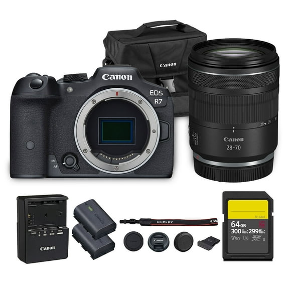 Canon EOS R7 Mirrorless Camera | 32.5MP APS-C Sensor 4K 60p Video | Fast Autofocus In-Body Stabilization for Wildlife and Sports (5137C002) Canon RF 28-70mm Lens LP-E6P Battery 64GB Card Bag