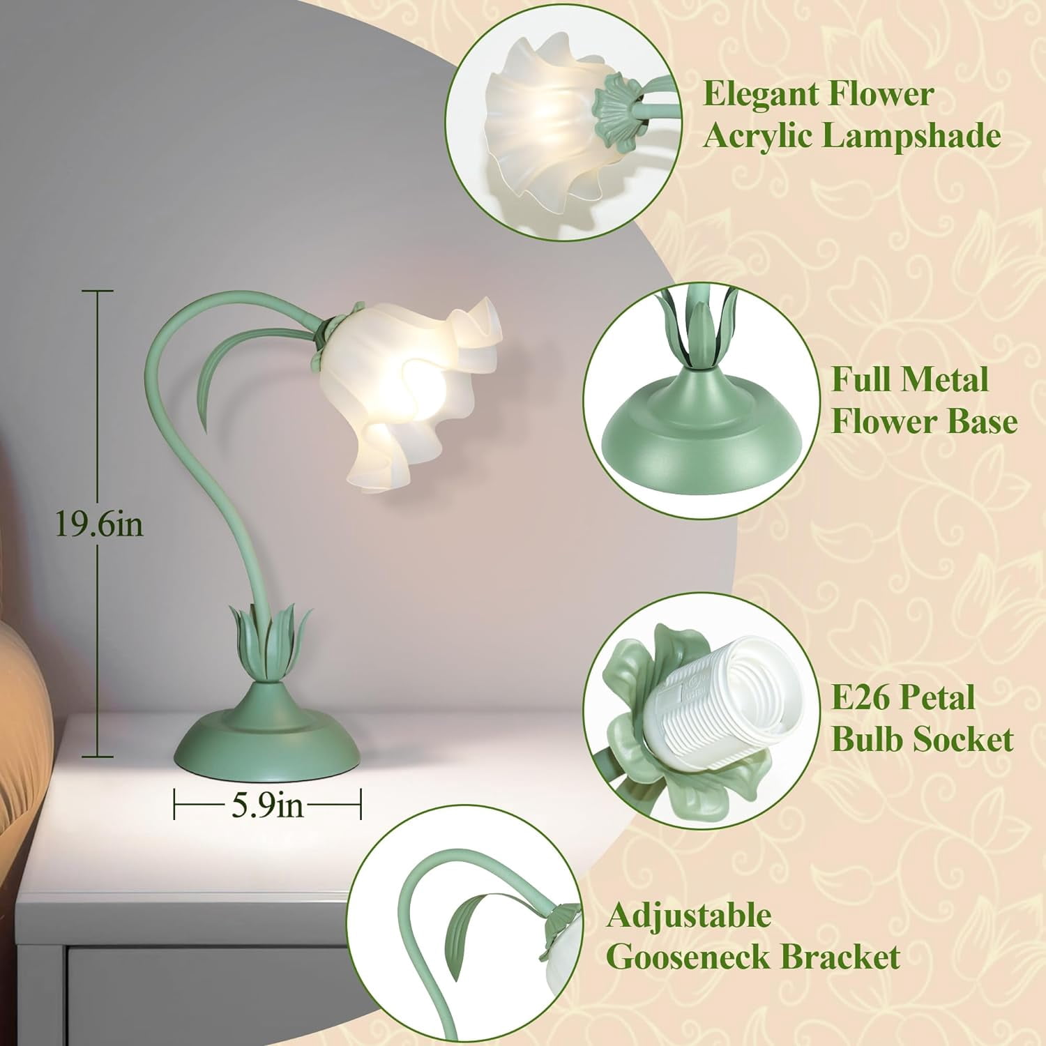 Flower Table Lamp, Cute LED Reading Bedside Night Light, 3 Color Modes Vintage Desk Lamp, Kawaii Aesthetic Decor for Dorm Bedroom Living Room