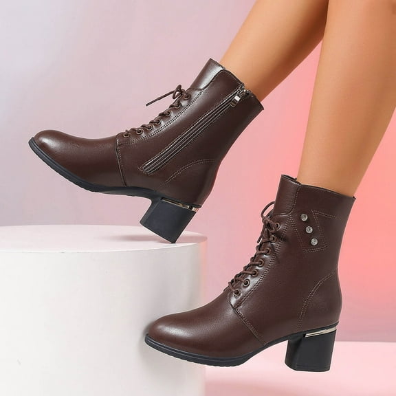 Viluyesy Womens Moto Boots, Lace-Up Chunky Heels Faux Leather Mid Calf Riding Boots Brown