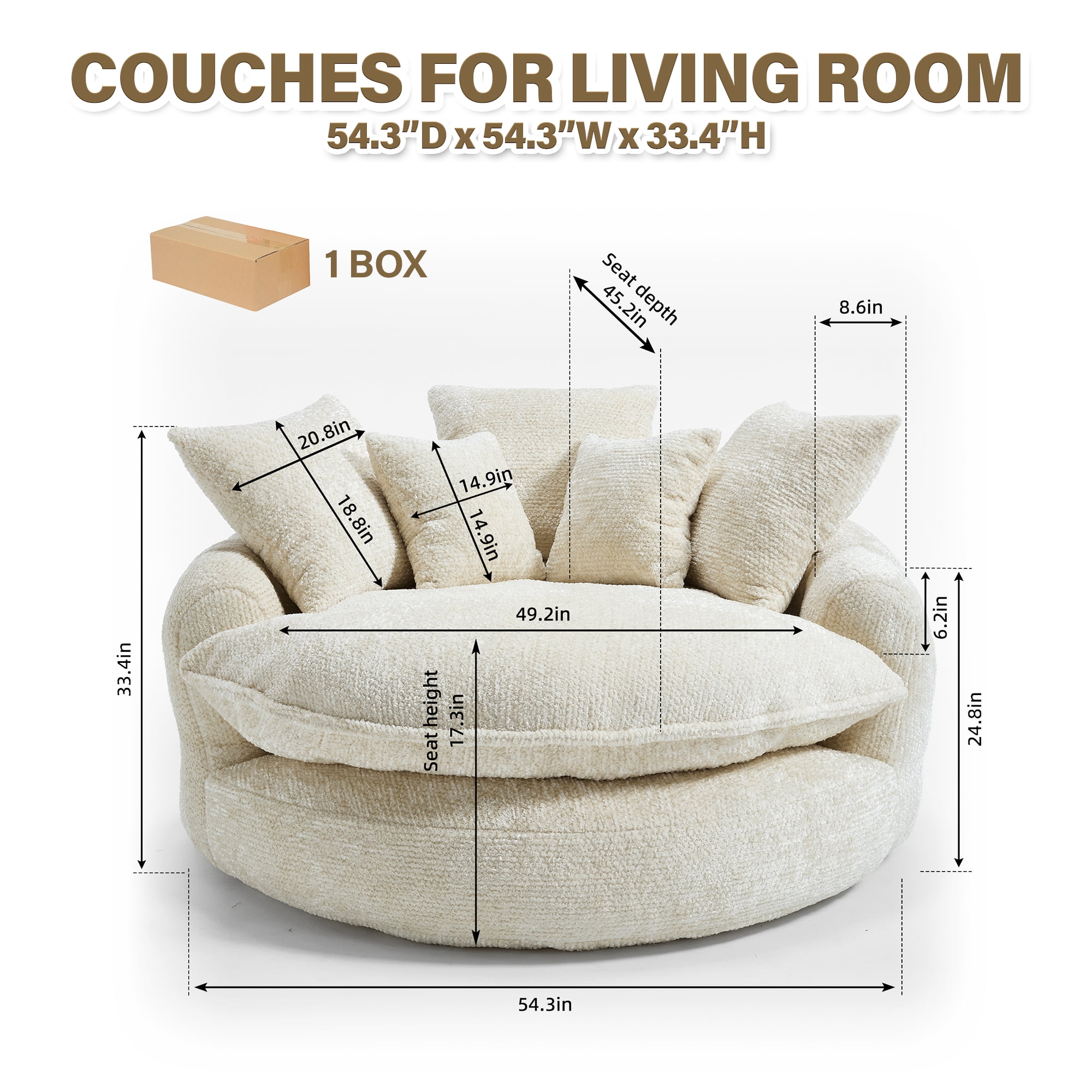 Aukfa 55" Oversized Round Chaise Lounge Chair, Fluffy Deep Seat Cloud Floor Sofa, Modern No Assembly Couch, Beige