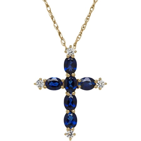 Simply Gold Gemstone Created Blue and White Sapphire 10kt Yellow Gold Cross Pendant, 18