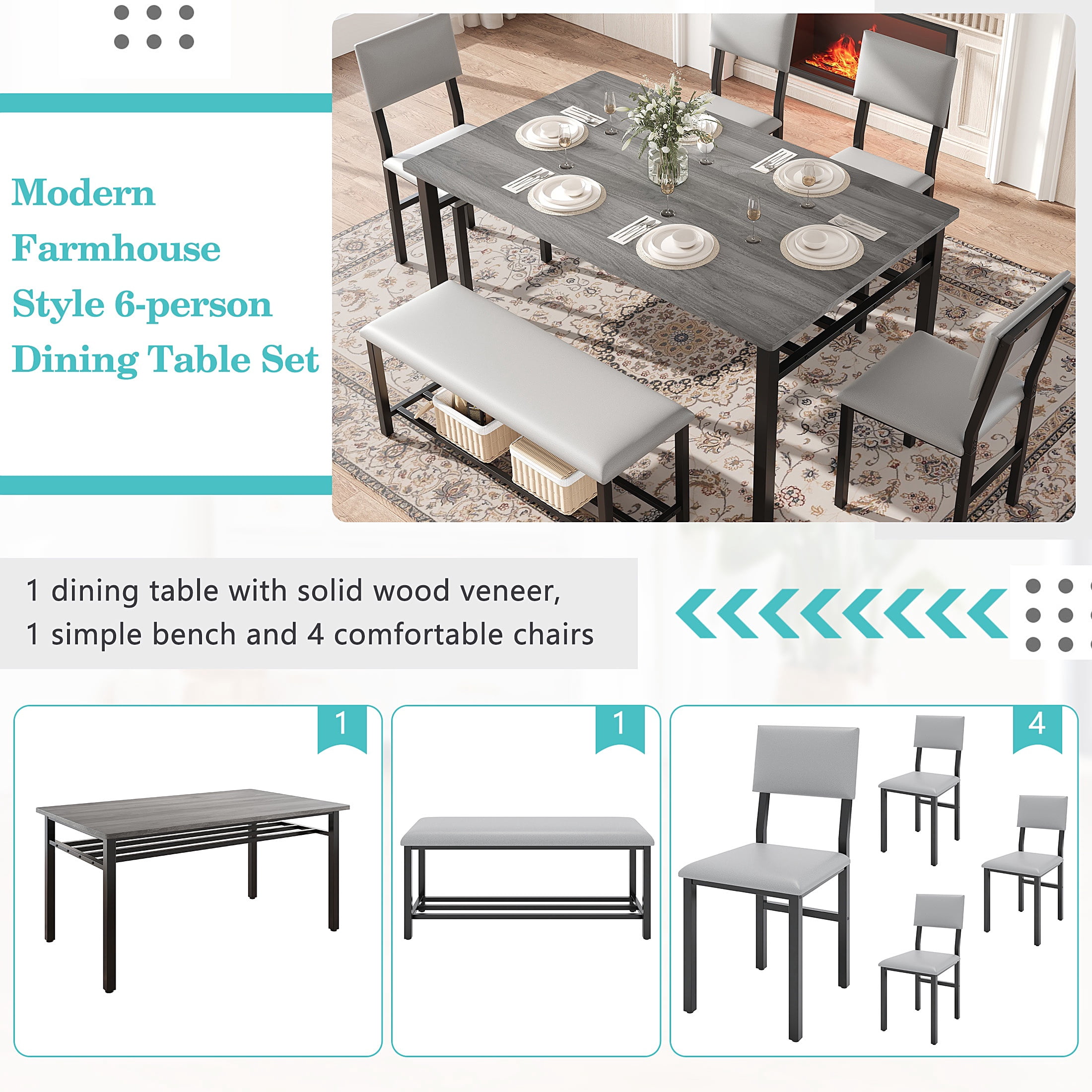 PORKISS Dining Table Set for 6, 6-Piece Dining Room Set with Wooden Table Top, PU Leather Upholstery Chairs and Bench, Kitchen Table and Chairs Set with Metal Frame Storage, Dinette Sets, Gray+Black
