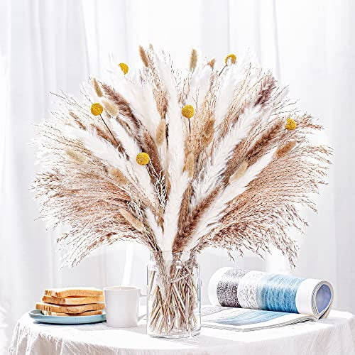 100PCS Dried Pampas Grass Bouquet, 17.5 Inch Fluffy Boho Decor, Natural Dried Flowers for Wedding Centerpieces, Home Floral Arrangements, and Party Table Decorations