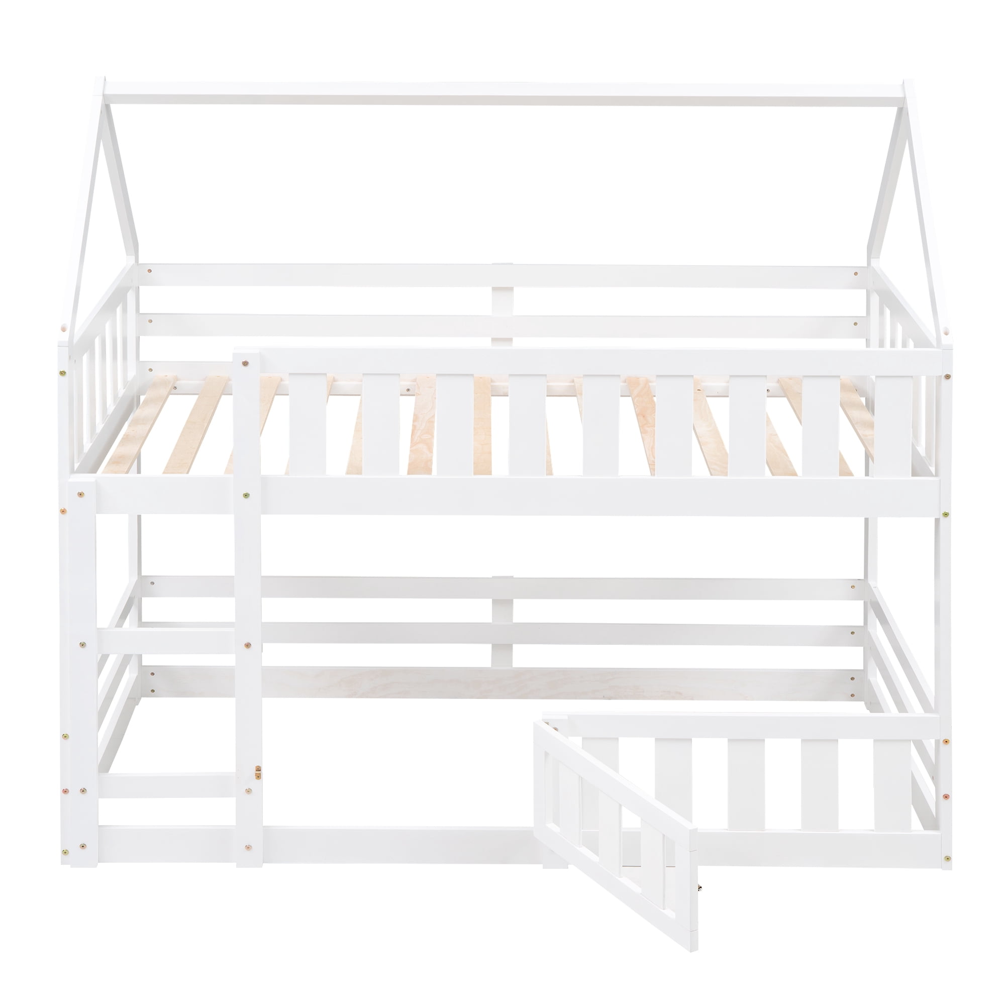 Aukfa Twin-over-Twin Bunk Bed with Fence and Door, Solid Wood House Bunk Bed for Kids Toddy - White