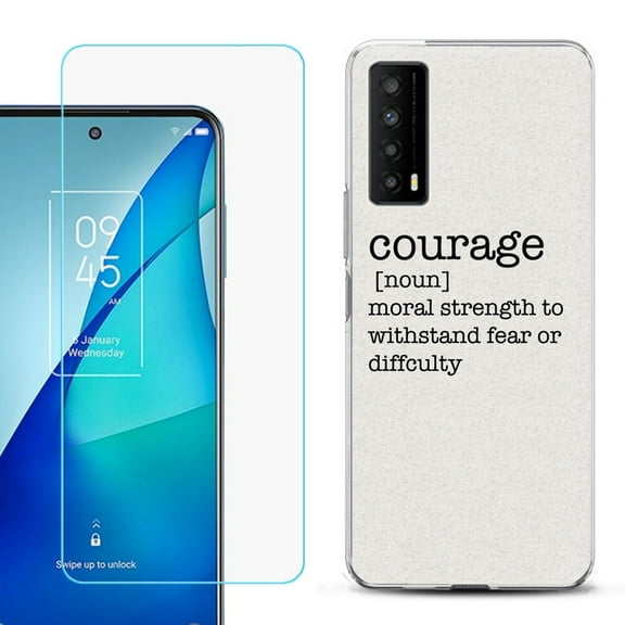 Slim-Fit Gel TPU Phone Case for TCL Stylus 5G, with Tempered Glass Screen Protector, by OneToughShield ® - Dictionary/Courage