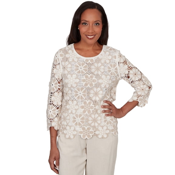 Alfred Dunner Womens Floral Crochet Three Quarter Sleeve Top