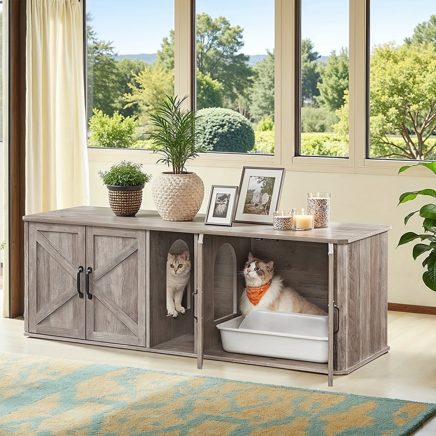 LEDREM Double Cat Litter Box Enclosure for 2 Cats, Hidden Litter Box Furniture with Front Entry, Side End Table & TV Stand, 59 x 19.5 x 19 Inches, Heather Greige