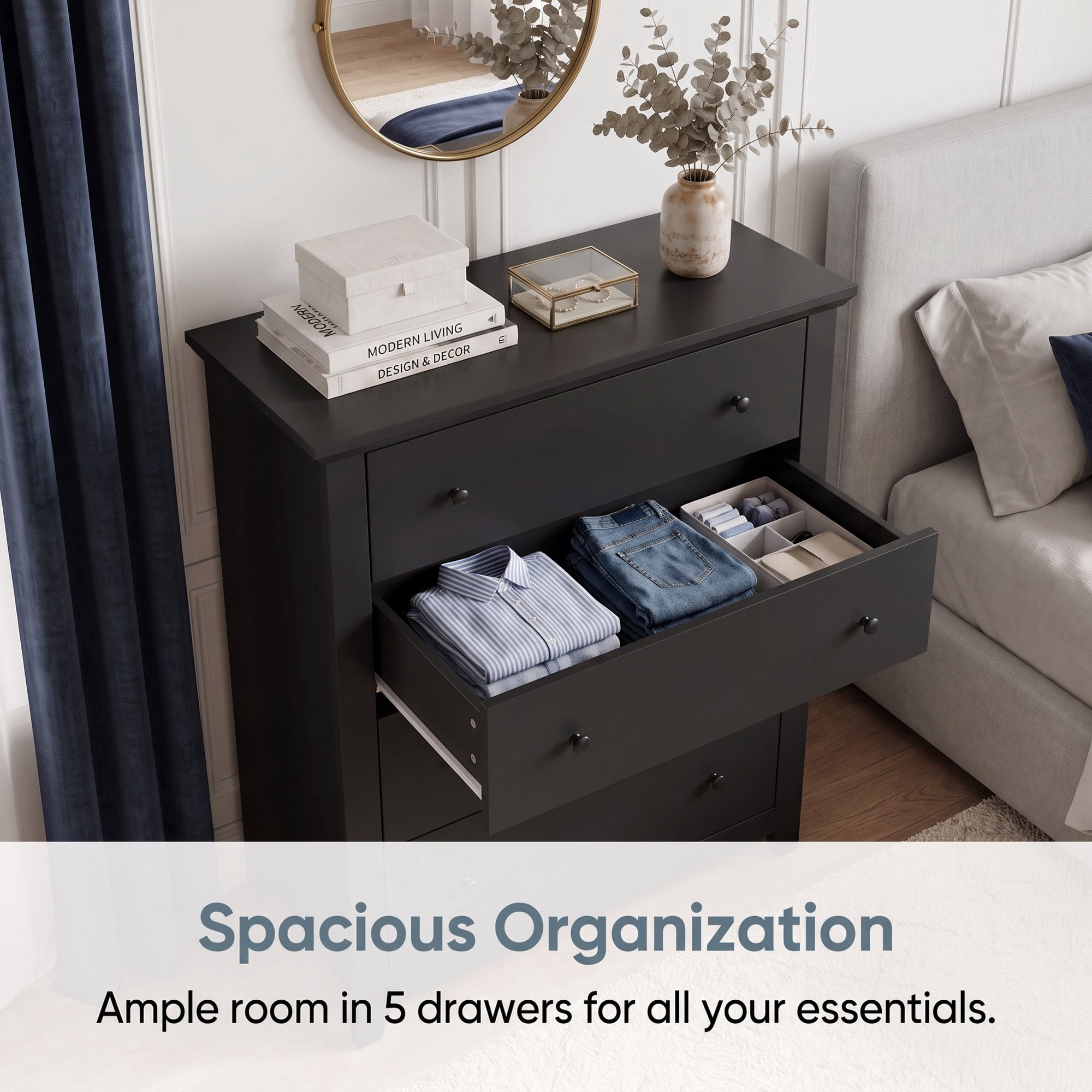 TrumanPick Black Dresser Tall 5 Drawer Dressers for Bedroom Wood Chest of Drawers for Living Room Hallway Entryway 47.2"H x 31.1"W x 15.7"D