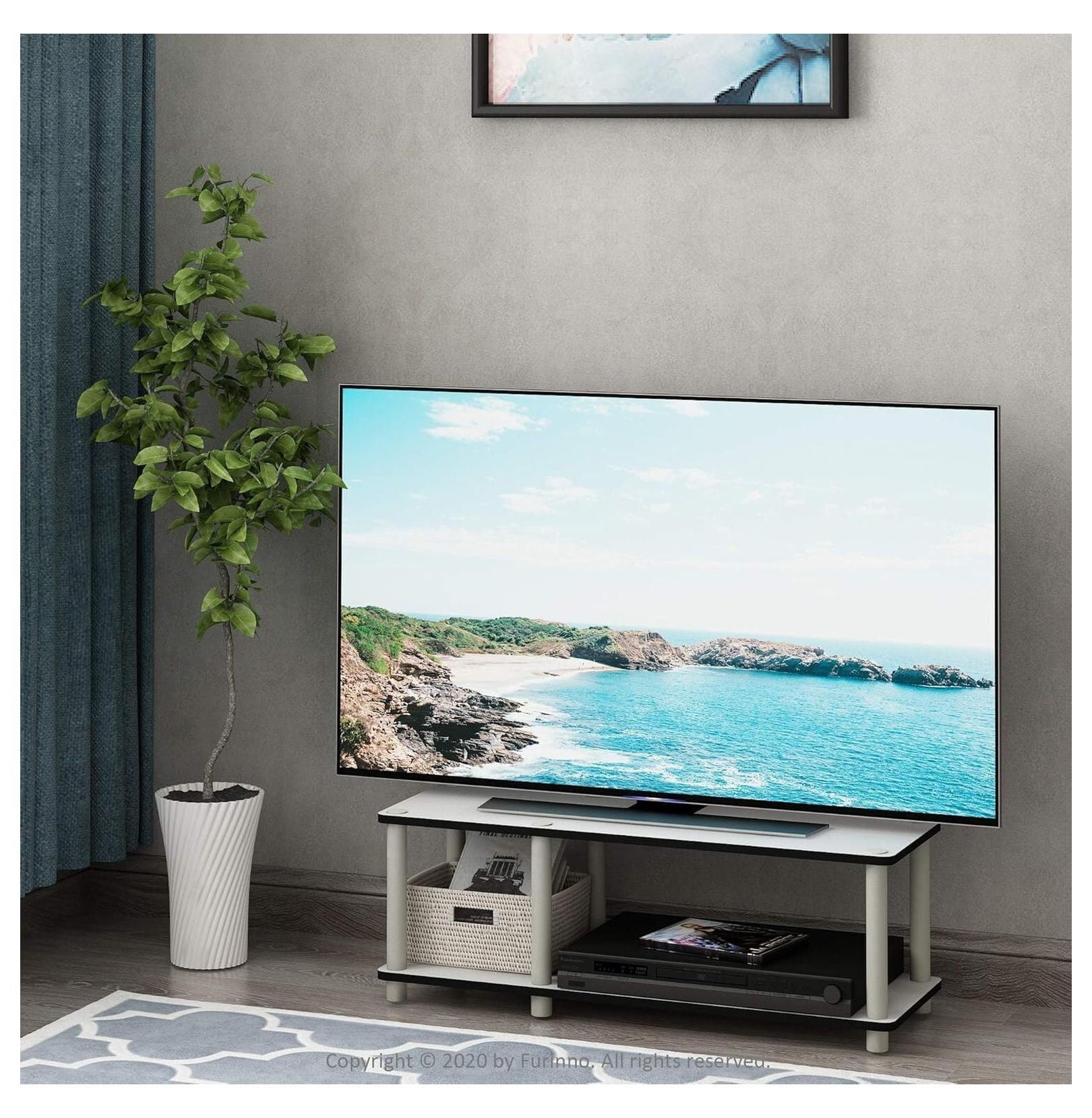 60 Inch TV Stand No Tools Assembly, White Entertainment Console for 32-65” TVs, Low Profile Media Console with Storage, Modern Living Room Furniture