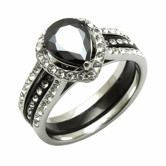 Black Pear Cut CZ Two Tone Black IP Stainless Steel Wedding 2 Ring Set - Size 6