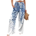 thumbnail image 6 of Wutalume Women's Retro Floral Print Wide Leg Pants, Casual Drawstring Beach Trousers with Pockets, Loose Flowy Spring Bottoms for Travel,Blue L, 6 of 6
