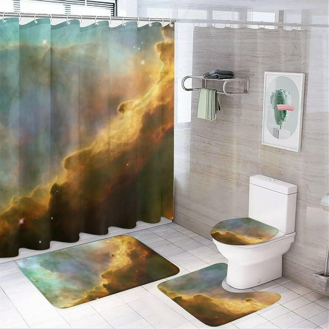 Faty-T Ensemble de Rideaux de Douche 4 Pcs Galaxie Univers Nébuleuse Tapis Antidérapants et Tapis de Toilette Couvercle Accessoires Espace Extérieur Infini Galaxie Rideau de Douche avec 12 Crochets pour Décoration de Baignoire 72 Pouces X 72 Pouces