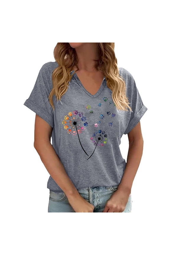 Womens T Shirts Print Loose V Neck Short Sleeve Casual Tops Tee Shirt