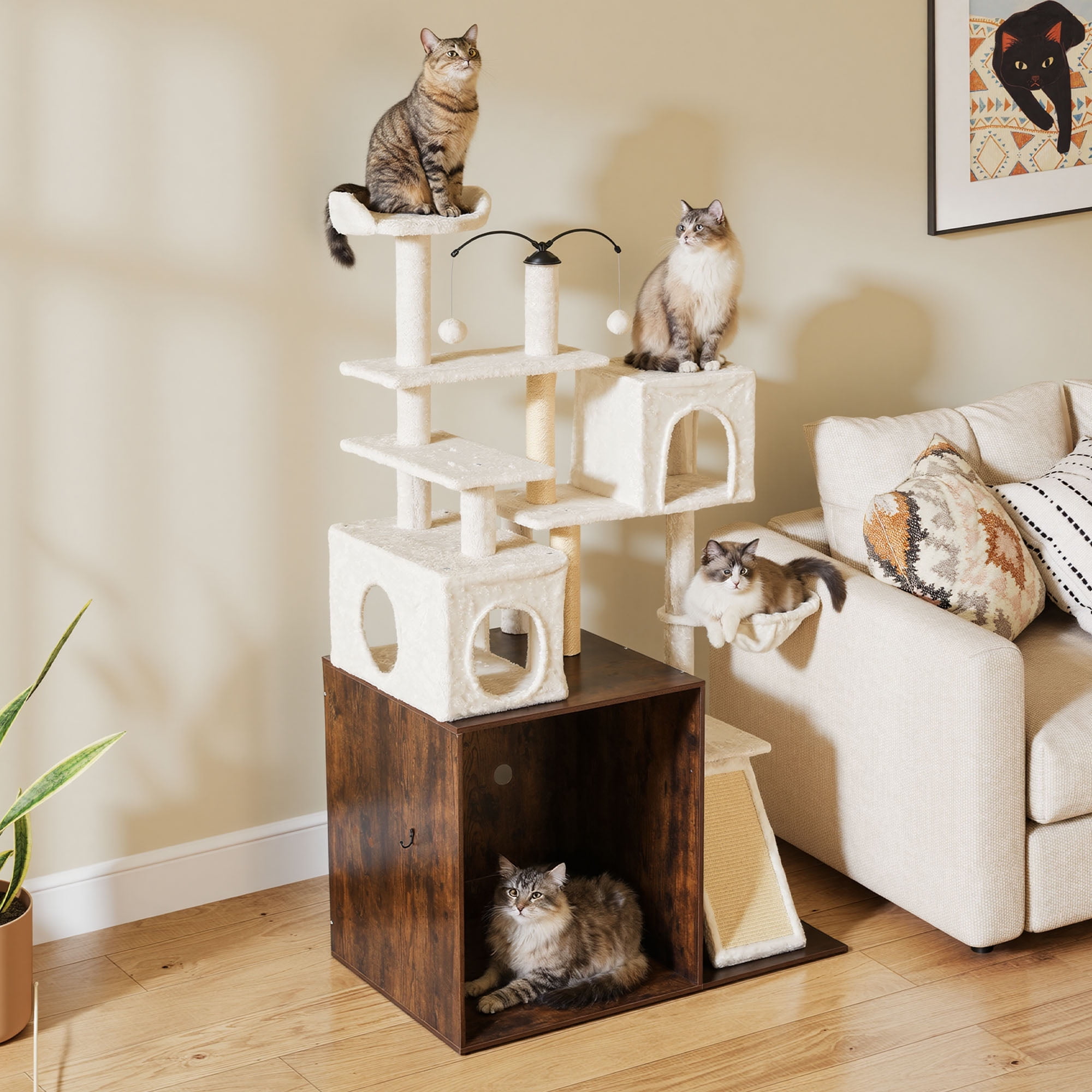 Homiflex Cat Tree for Automatic Litter Box, 68''H Cat Tower with Litter Box Enclosure, Scratching Post/Board, 2 Cat Condos, Round Hammock, Elastic Dangling Ball, Rustic Brown