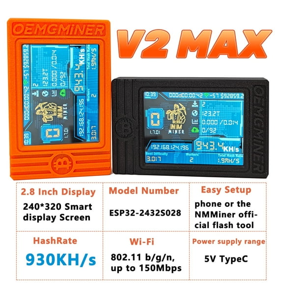 New NerdMiner V2 MAX Solo Miner 930KH/s, Crypto Bitcoin Miner Machine 1.5W Mini Miner Win3.125 BTC Nerdminer 2.4G WiFi Connection with Cable