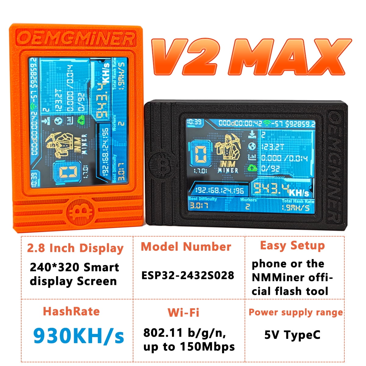 New NerdMiner V2 MAX Solo Miner 930KH/s, Crypto Bitcoin Miner Machine 1.5W Mini Miner Win3.125 BTC Nerdminer 2.4G WiFi Connection with Cable