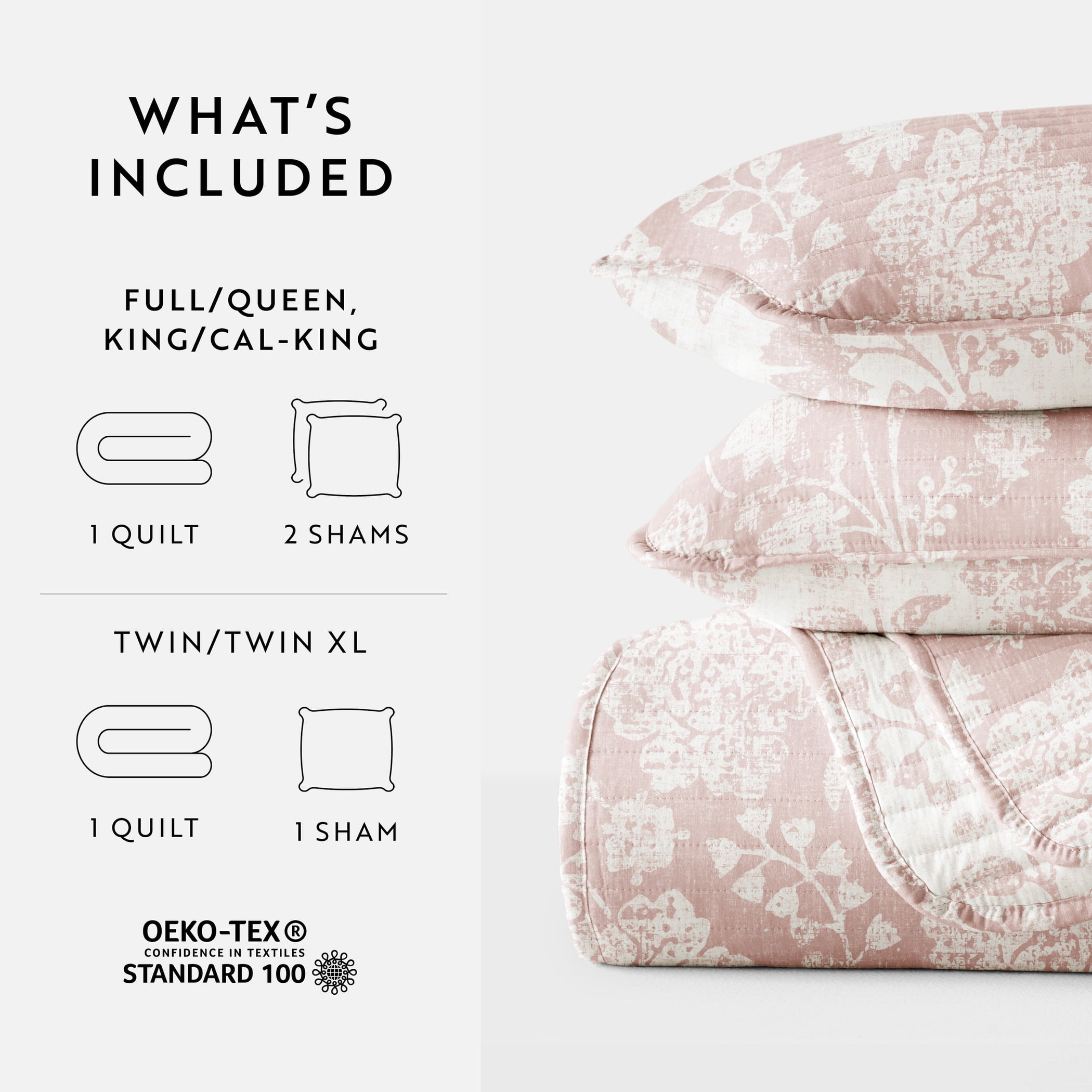Noble Linens 3-Piece Rose Textured Floral Reversible Quilt Set, Queen