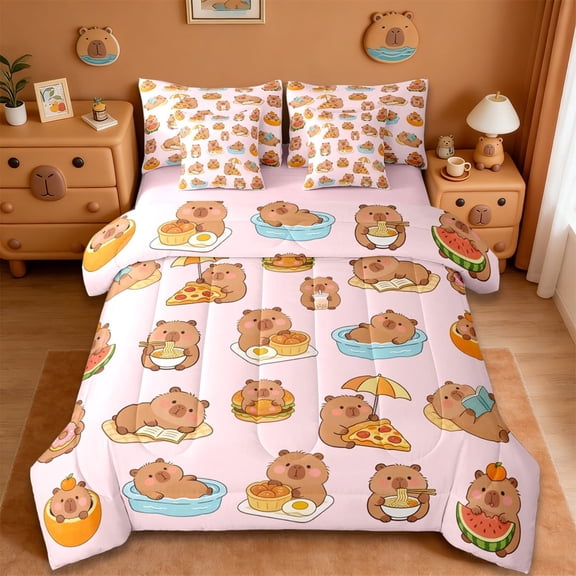 Erosebridal Funny Capybara Pattern 7-Piece Twin Bedding Sets,Hawaii Summer Holiday Bedding Comforter Set For Kids Girls ,Reversible Pink