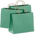 thumbnail image 1 of Bolsas de papel Kraft verde azulado de 16" x 6" x 12" a granel. Paquete de 25 bolsas grandes para compras con asas. Bolsas de papel recicladas artesanales sin logotipo para pequeñas empresas; venta, 1 of 6