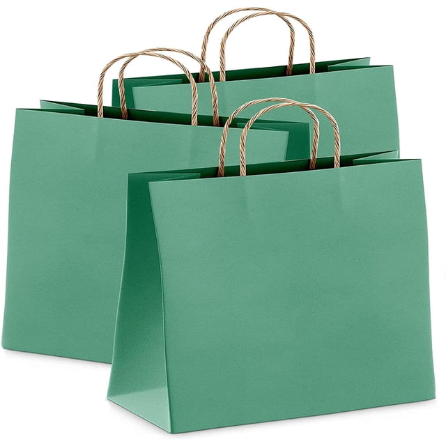Bolsas de papel Kraft verde azulado de 16" x 6" x 12" a granel. Paquete de 25 bolsas grandes para compras con asas. Bolsas de papel recicladas artesanales sin logotipo para pequeñas empresas; venta