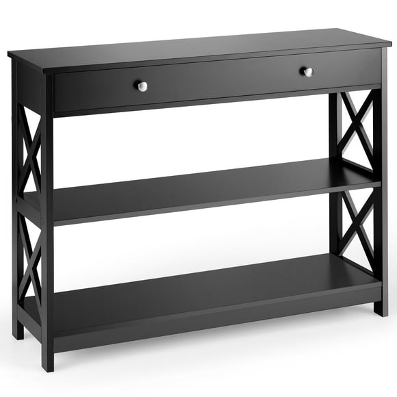 Costway 3-Tier Console Table X-Design Sofa Entryway Table with Drawer & Shelves  Black