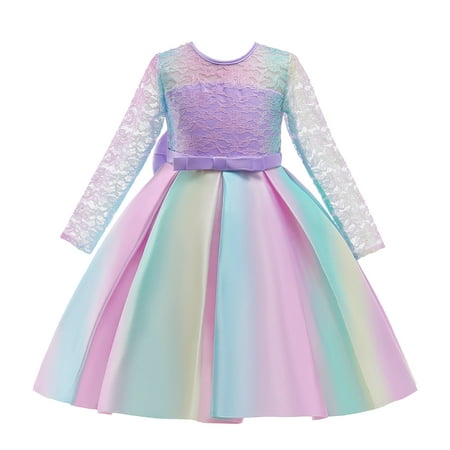 

koaiezne Child Girls Bowknot Multicolor Pageant Dress Birthday Party Kids Lace Rainbow Gown Princess Dress Dress Pants Girls Size 14 Long Sleeve 5t Dress