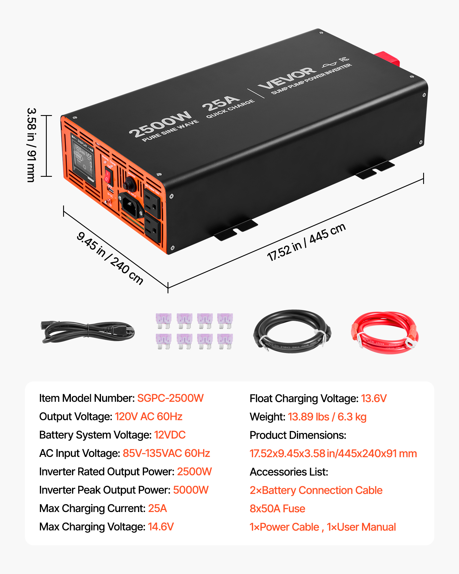 VEVOR 2500W Sump Pump Battery Backup System, LCD Display, Auto Switches to Battery Inverter Power for Sump Pump, Pure Sine Wave, for Basement Protection Emergency and Power Outage,Battery Not Include