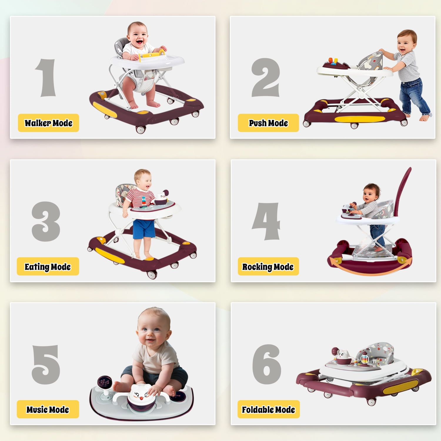 XunKA 6-in-1 Multifunctional Baby Walker, Foldable Push Walker with Musical Activity Station for 6-24 Months,Red.