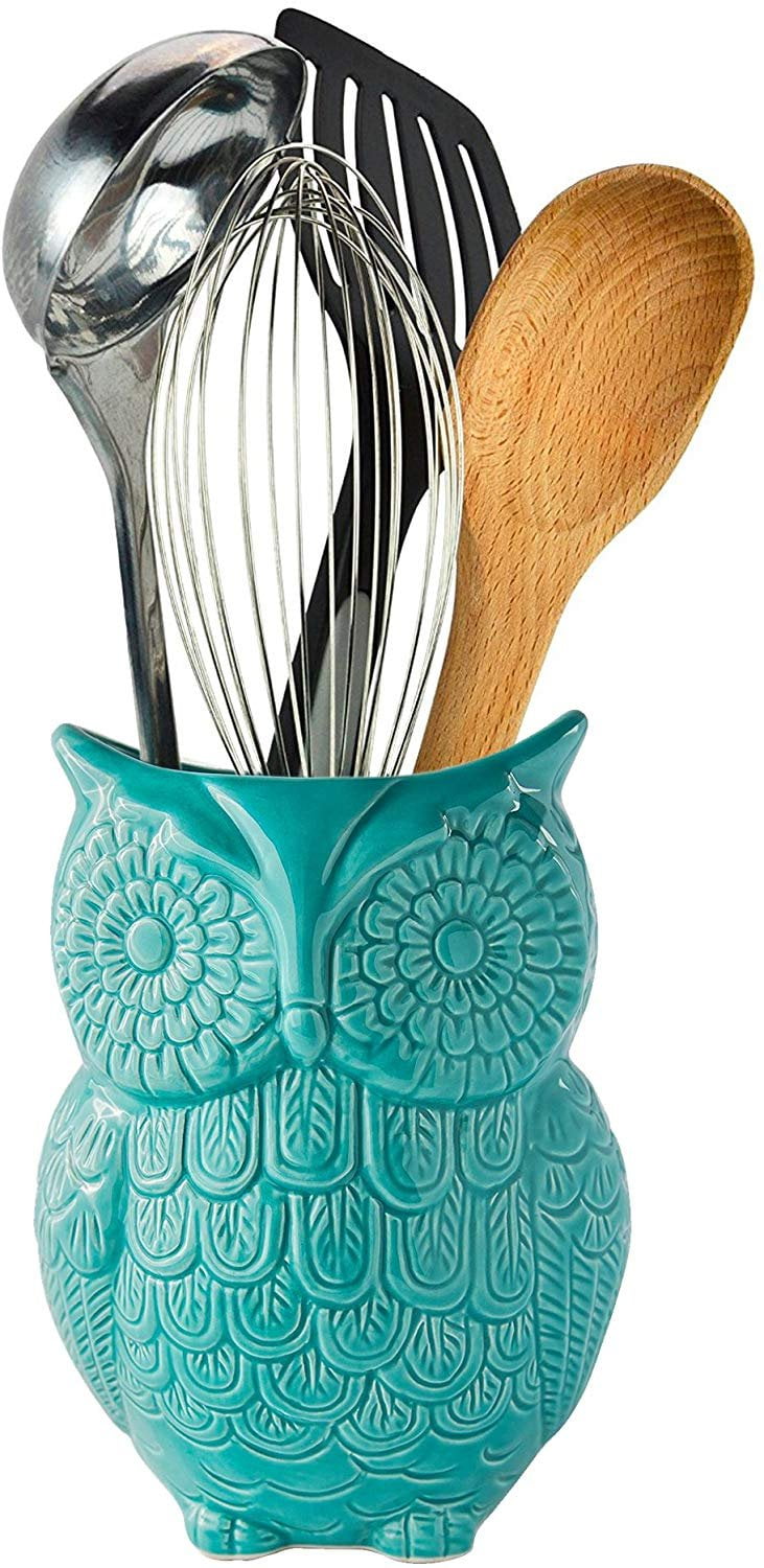 Comfify Owl Utensil Holder Decorative Ceramic Cookware Crock & Organizer Utensil Caddy and Perfect Kitchen Ceramic Décor Gift 12.7 x 17.8 x 10.2 cm Size in Lovely Aqua Blue Color 