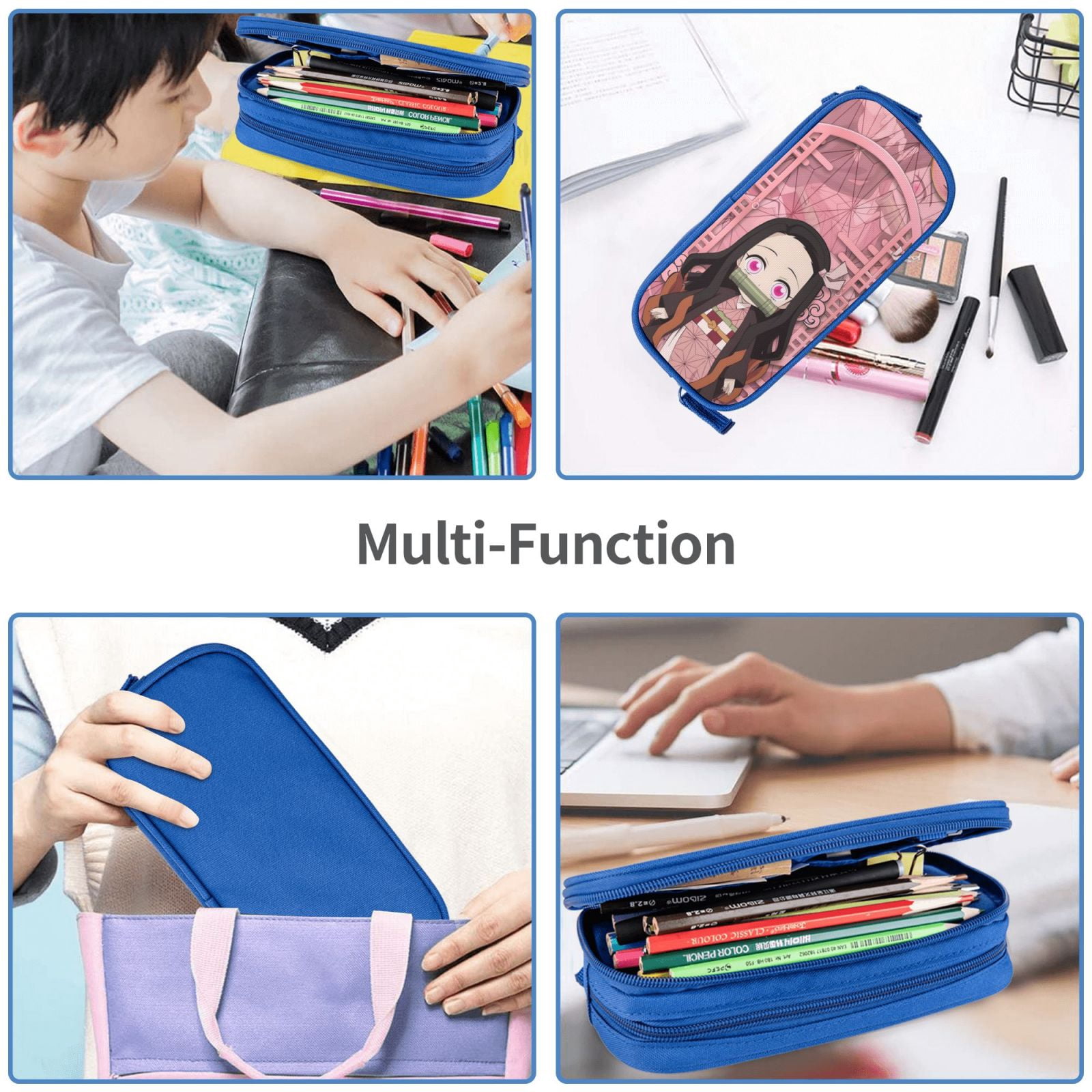 Kamado Nezuko Pencil Case Large Capacity Pencil Pouch Pen Bag Office Stationery Organizer Travel Makeup Bag Blue