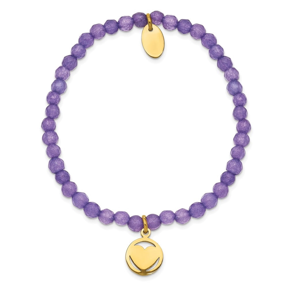 Auriga Stainless Steel Yellow IP-plated Heart 4mm Light Purple Jade Beaded Stretch Bracelet for Women