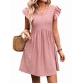 thumbnail image 3 of Women'S Summer Short Sundress Casual V Neck Ruffle Sleeve Mini Dress with Pockets Red Bean Powder XL, 3 of 9