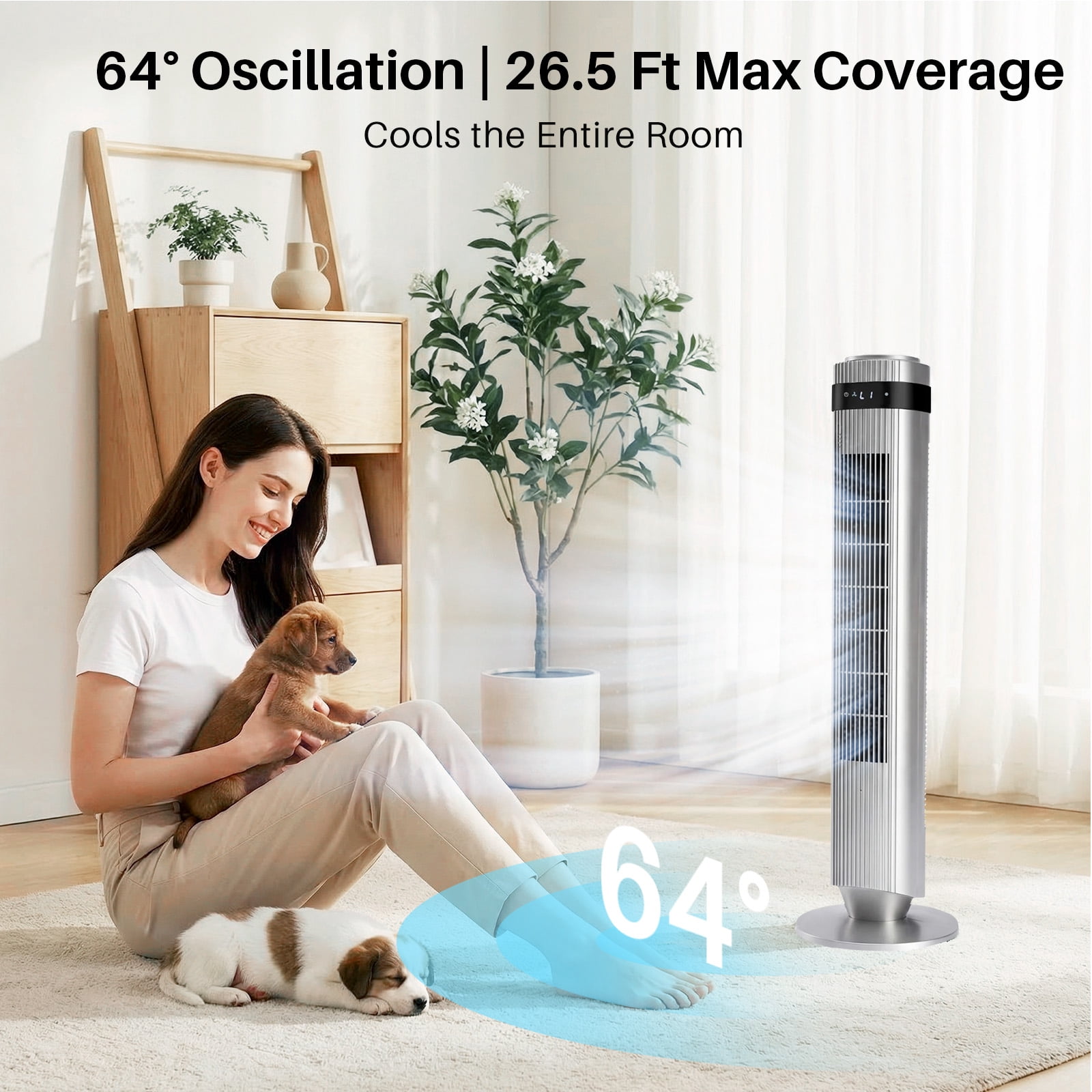 Tower Fan for Home, 64° swivel Standing Floor Fan with Remote, Bladeless Fan Cold Air Quiet, 5 Speeds, 4 Modes, LED Display, Gray