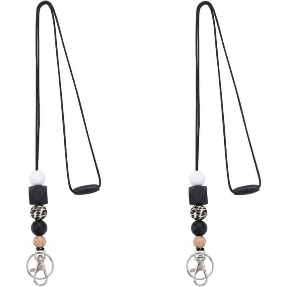 2PCS Beaded Keys Lanyard Cute Silicone Neck Strap Card Holder Strap Cord Breakaway Lanyards with Keychain for ID Badges Keys Women Nurse Teacher Necklace Office Employees Students Black Black