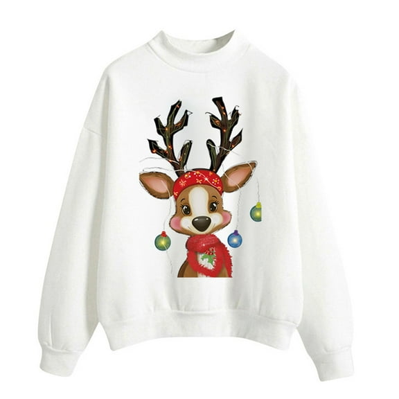 Fiaer Christmas Women Sweatshirts Cute Graphic Baggy Xmas Pullover Plus Size Long Sleeve Casual Breathable Comfort Tops White XL
