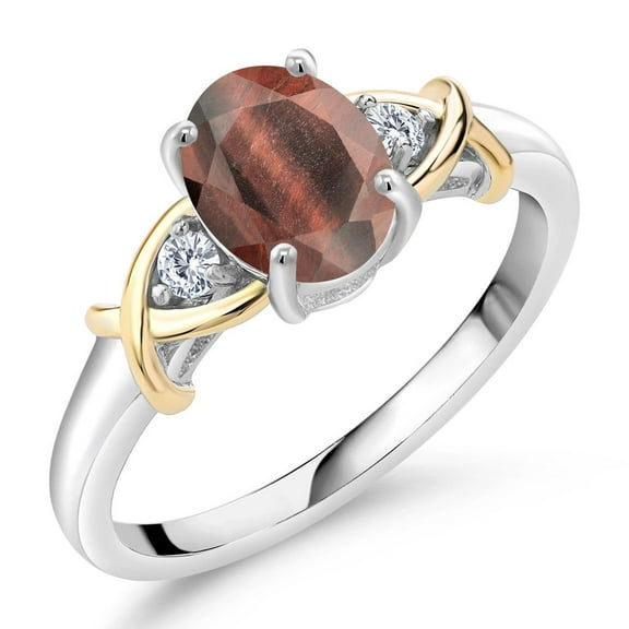 Gem Stone King 2 Tone 10K Yellow Gold and 925 Sterling Silver Red Tiger Eye and Lab Grown Diamond Ring for Women | 1.33 Cttw | Oval 8X6MM | Size 9