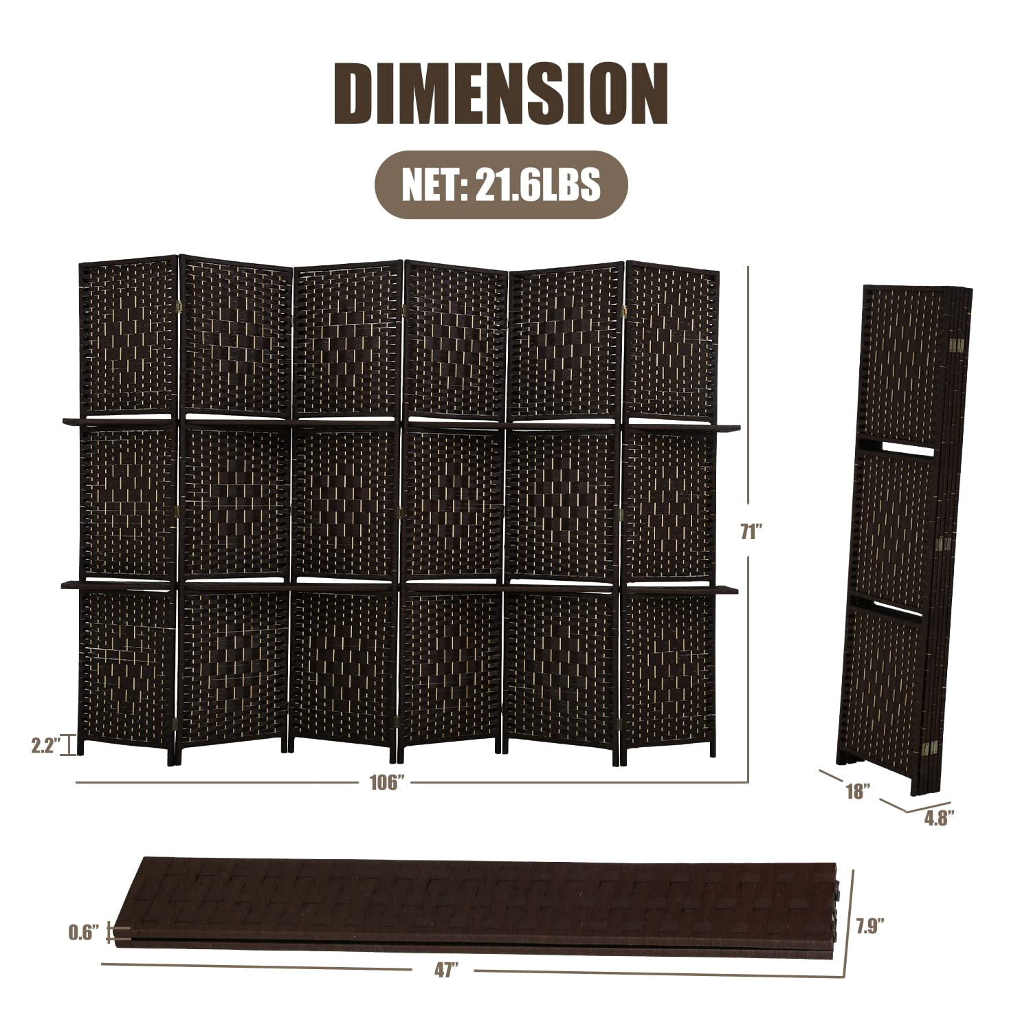 YRLLENSDAN 6 Panel Folding Room Divider with Storage Shelves, Tall Wall Partition, Freestanding Indoor Privacy Screen, Black