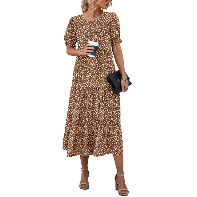 Vestido Floral Boho Midi con Manga Abullonada Grande PRETTYGARDEN