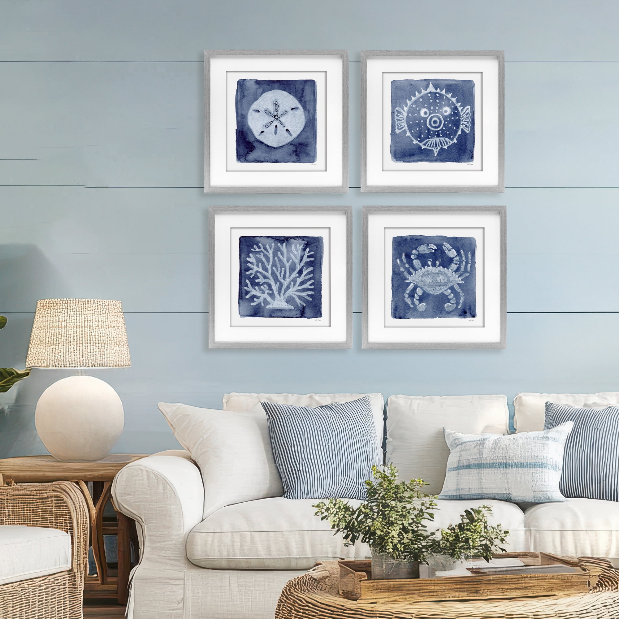 Stupell Industries Aquatic Creatures on Indigo 4 Piece Gray Framed Print Under Glass Set, design by Patti Bishop