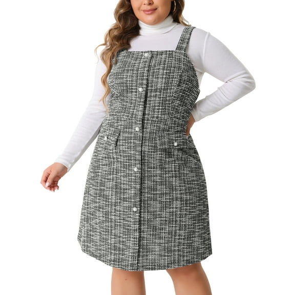 DARING DIVA Plus Size High Waist Tweed Single Breasted Overall Dress 1X Black