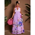 thumbnail image 4 of Plus Size Purple Floral Print Halter Deep V-Neck A-Line Maxi Dress, 4 of 6