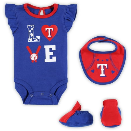 

Newborn & Infant Royal/Red Texas Rangers Three-Piece Love of Baseball Bib Bodysuit & Booties Set