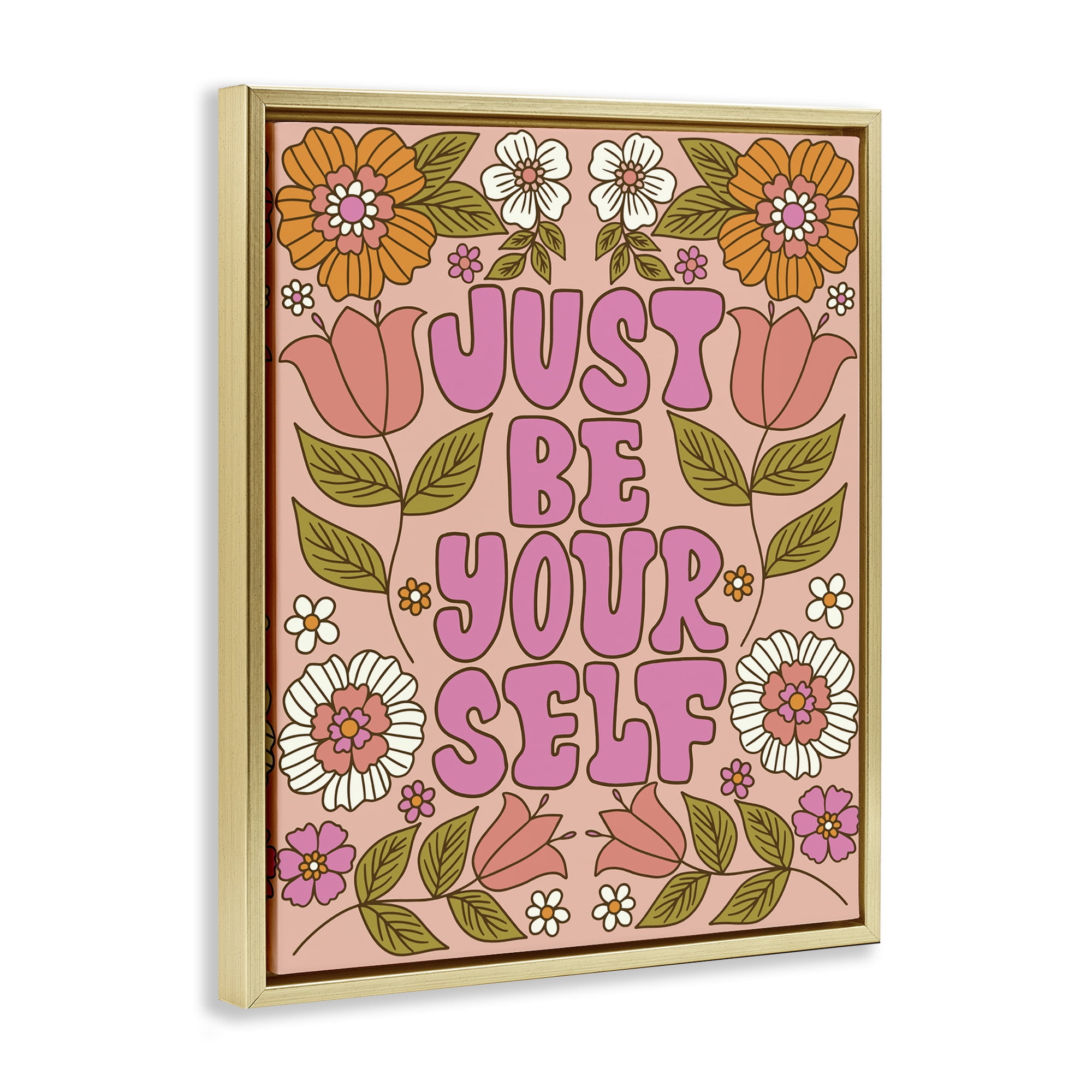 Stupell Industries Be Yourself Flower Power Plants & Flowers Painting Gold Floater Framed Canvas Art Print Wall Art, 17 x 21